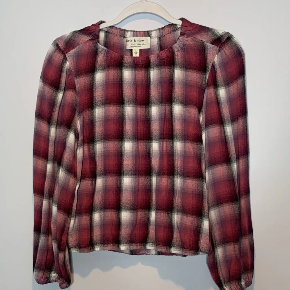 Cloth & Stone for Anthropologie Glacier Plaid Blouse Balloon Sleeves Berry Pink - Picture 2 of 5